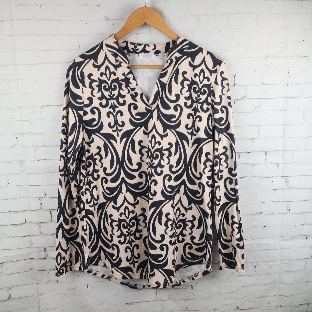 HALIFE BLACK & IVORY PAISLEY ORNATE DESIGN LONG SLEEVE V NECK TOP SIZE MEDIUM
